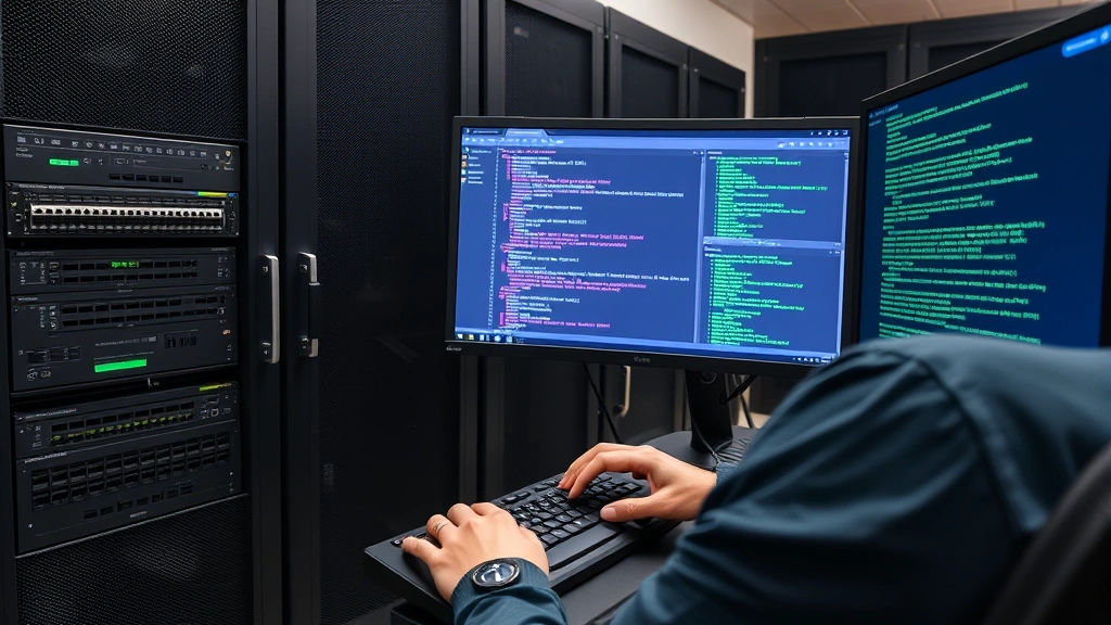 Network administrator configuring Cisco switch in secure data center with locked cabinet, hands on keyboard, multiple monitor displays showing SSH terminal sessions with green text, professional IT environment