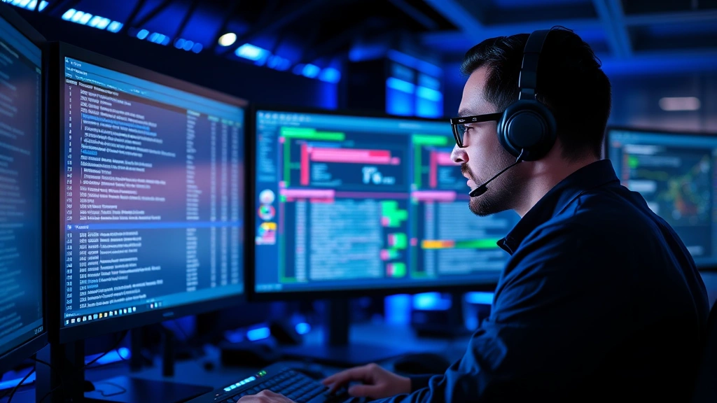 Cybersecurity professional reviewing network access logs on multiple screens, security operations center with blue ambient lighting, focus on authentication metrics and connection monitoring dashboards
