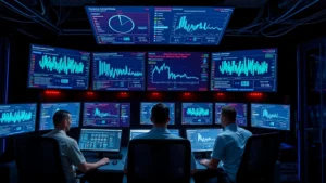 Network security operations center with multiple monitors displaying real-time threat detection dashboards, cybersecurity professionals monitoring network traffic flows, professional data center environment with network equipment racks