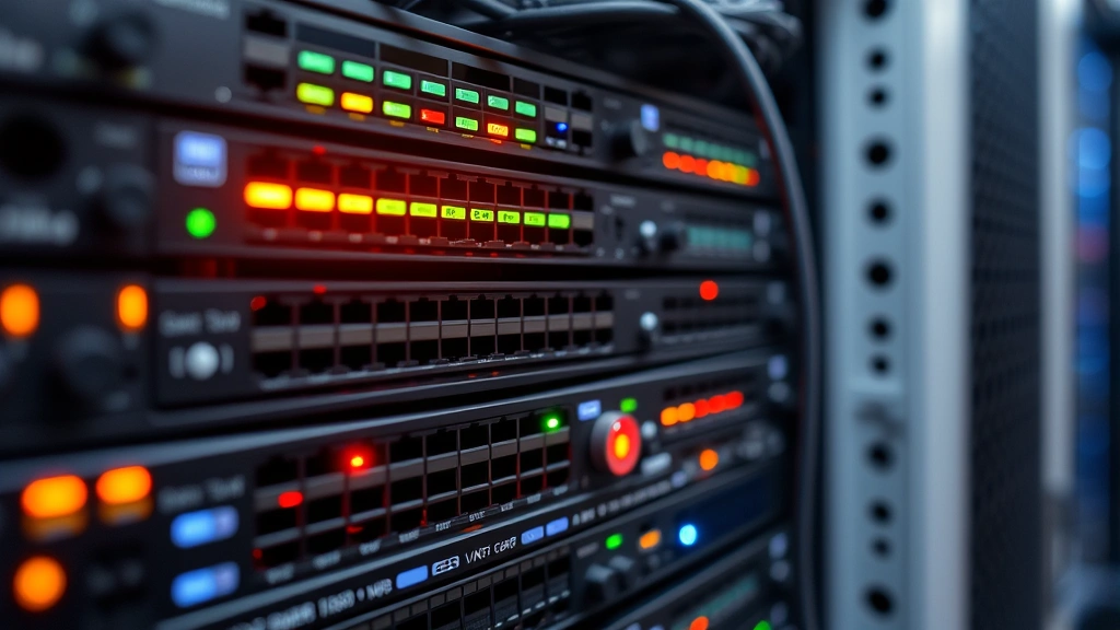 Close-up of enterprise network switch and security appliance hardware in a data center cabinet, blinking LED indicators showing active network connections, professional IT infrastructure photography