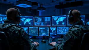Military personnel in modern tactical gear monitoring multiple high-resolution digital displays showing network topology maps and threat indicators in a secure command center with advanced surveillance equipment and dim blue lighting