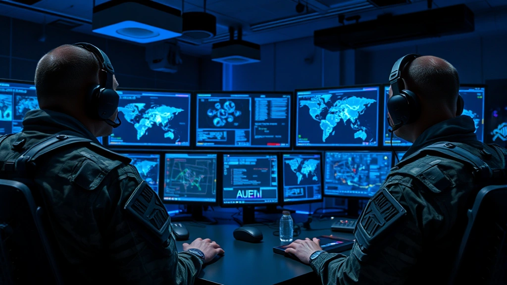 Military personnel in modern tactical gear monitoring multiple high-resolution digital displays showing network topology maps and threat indicators in a secure command center with advanced surveillance equipment and dim blue lighting