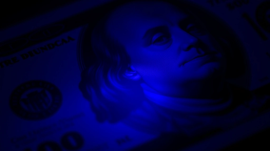 Close-up macro photography of $100 bill security thread glowing under ultraviolet light with metallic details visible, professional currency authentication lighting, dark background