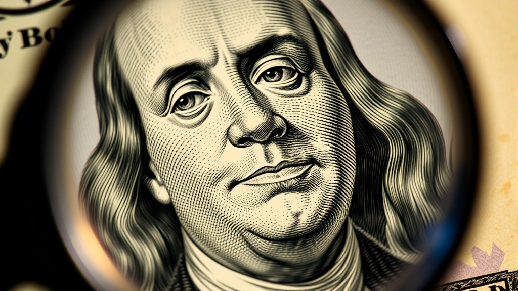 Detailed magnified view of Benjamin Franklin portrait on $100 bill showing intricate intaglio printing texture, microprinting details, and fine line work under professional lighting