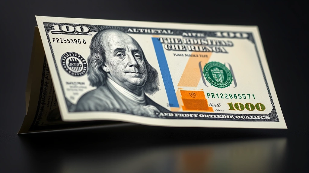Side-by-side comparison of authentic $100 bill tilted at angle showing copper-to-green color-shifting ink effect in lower right corner, professional product photography style
