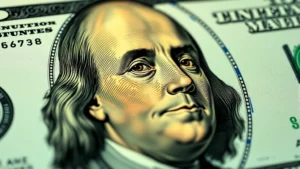 Close-up of $100 bill showing color-shifting ink changing from copper to green when tilted at different angles, photorealistic currency detail