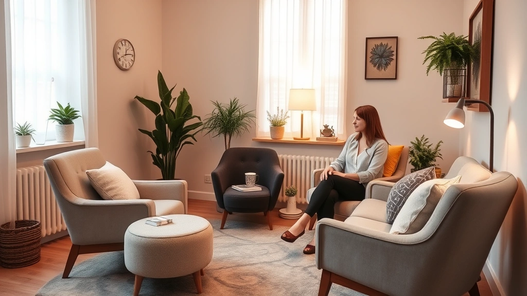 Professional therapist's office with warm lighting, comfortable seating, and soft textures creating a safe, nurturing environment for emotional healing work