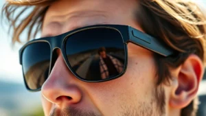 Close-up of a person wearing premium wraparound sunglasses outdoors in bright sunlight, showing proper frame coverage over the eye area with natural outdoor scenery blurred in background