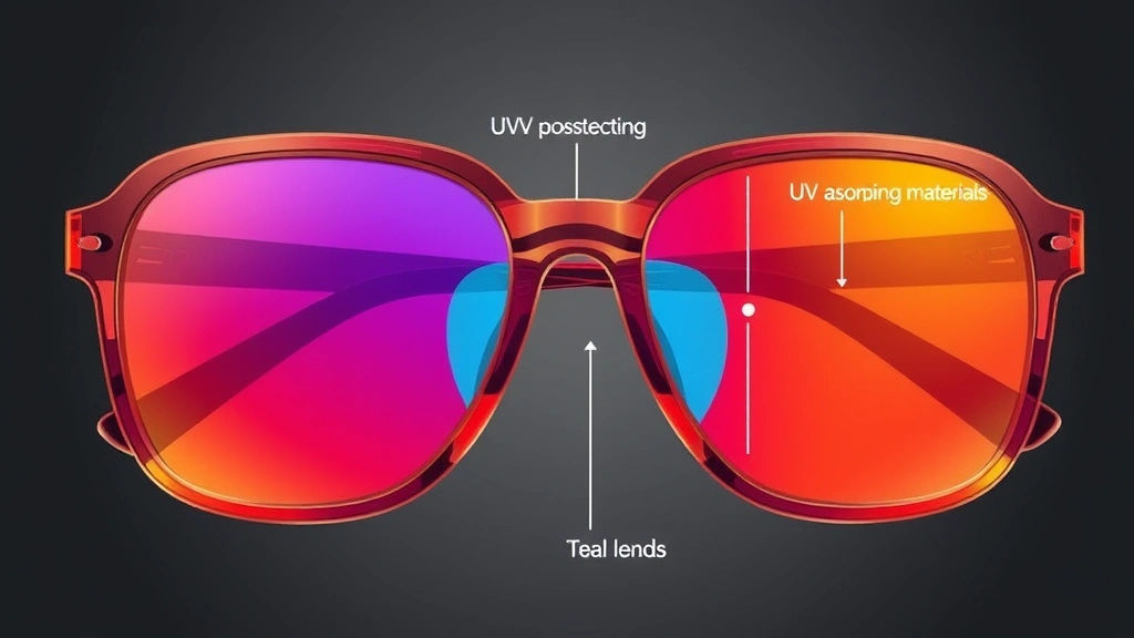 Detailed cross-section illustration showing different lens layers in sunglasses with UV-absorbing materials highlighted, demonstrating how UV protection technology works in eyewear