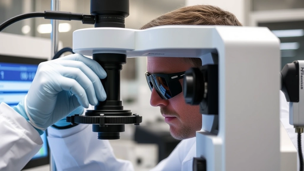 Laboratory technician examining sunglasses lenses with professional optical testing equipment in a modern eyewear quality control facility, showing verification of UV protection standards
