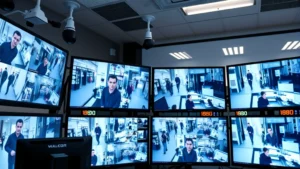 Professional security operations center with multiple 1080p camera monitors displaying real-time surveillance feeds from retail environment, showing clear facial details and activity monitoring on screens