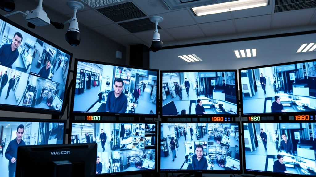Professional security operations center with multiple 1080p camera monitors displaying real-time surveillance feeds from retail environment, showing clear facial details and activity monitoring on screens