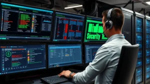 Network administrator configuring switch security settings on a professional networking equipment dashboard, showing port security metrics and security alerts displayed on multiple monitors in a data center environment