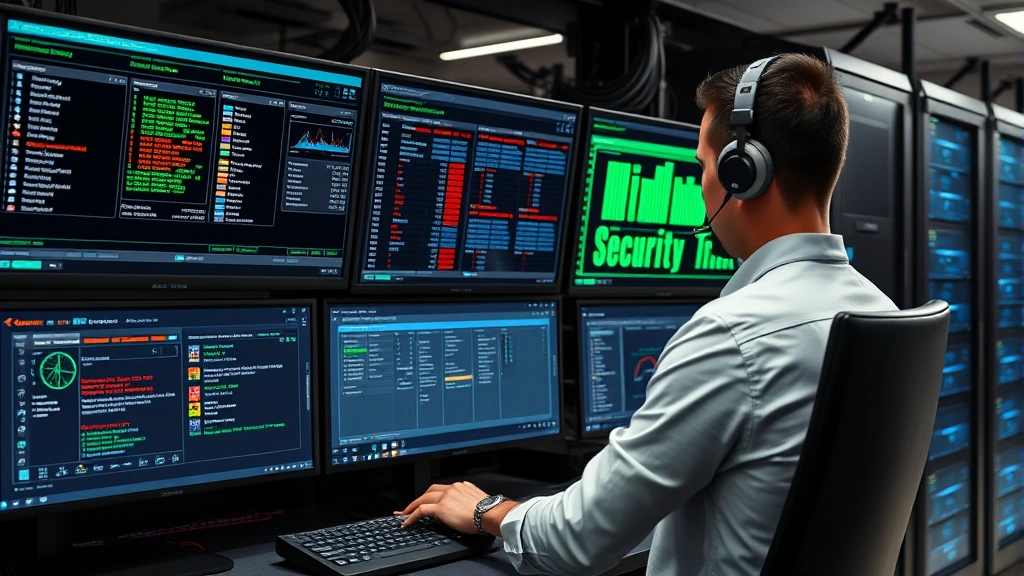 Network administrator configuring switch security settings on a professional networking equipment dashboard, showing port security metrics and security alerts displayed on multiple monitors in a data center environment