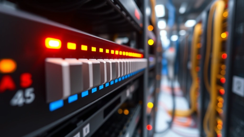 Close-up of network switch ports with indicator lights showing active connections and security status, professional data center infrastructure with organized cabling and security monitoring systems
