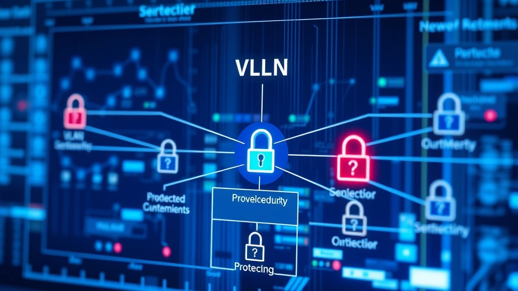 Cybersecurity threat visualization showing network topology with VLAN segmentation, security barriers, and protected network segments illustrated with security icons and connection lines on a digital display