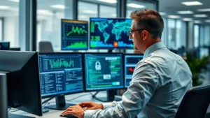 Professional cybersecurity expert analyzing financial fraud patterns on multiple computer screens in a modern office environment, showing data security protection systems and encrypted information displays