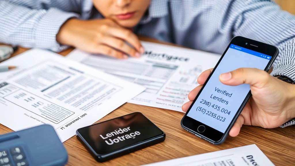 Close-up of a homeowner reviewing mortgage documents at a desk with a concerned expression, surrounded by legitimate financial paperwork and a phone displaying verified lender contact information