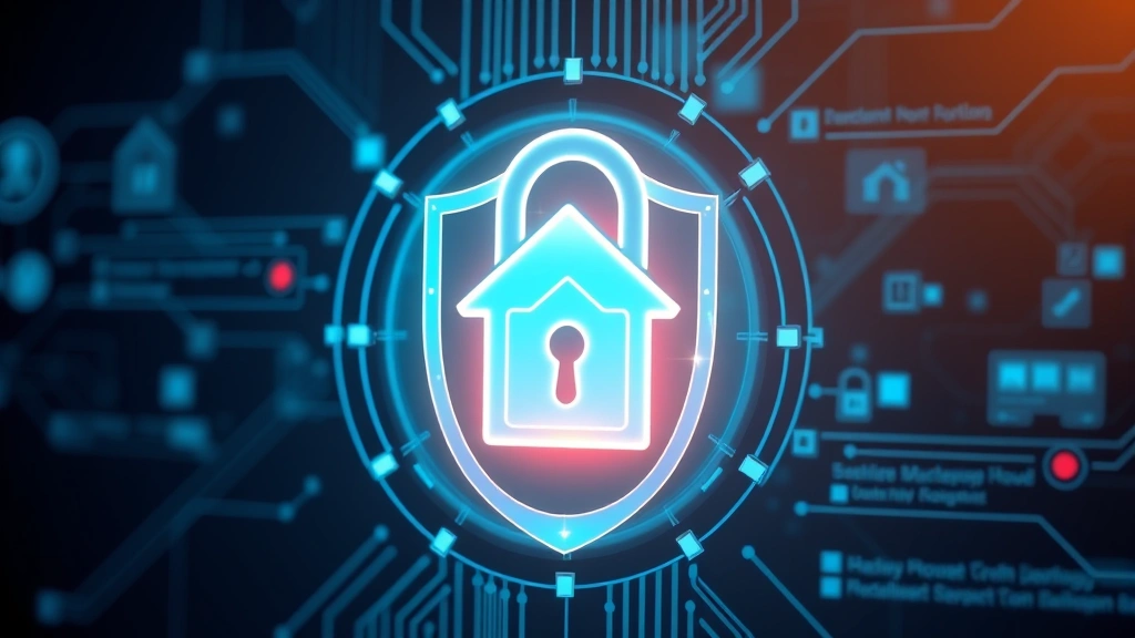 Secure digital lock and shield protecting a house icon, representing home security and foreclosure fraud prevention, with glowing cybersecurity elements and protection symbols
