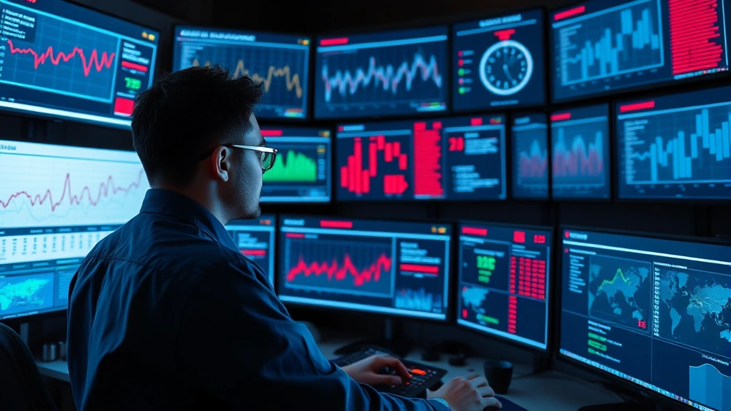 Professional cybersecurity analyst reviewing data breach statistics on multiple monitors in a secure operations center, showing graphs and security dashboards with red alert indicators