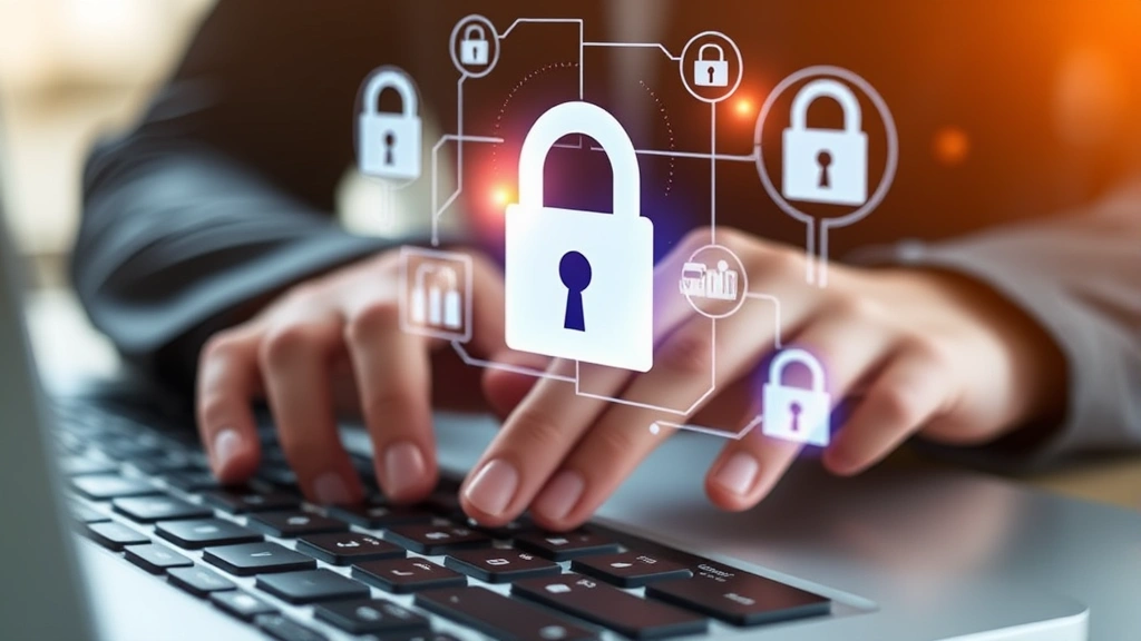 Close-up of hands typing on a keyboard with holographic security symbols and lock icons floating above, representing password authentication and encryption in a modern tech environment