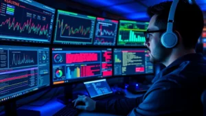 Professional cybersecurity analyst monitoring multiple digital screens displaying network traffic patterns, security dashboards, and real-time threat alerts in a modern SOC environment with blue lighting