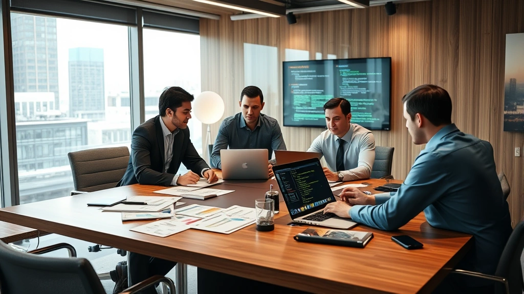 Corporate IT team conducting incident response meeting around conference table with security reports and threat intelligence briefings, showing professional collaboration in secure environment