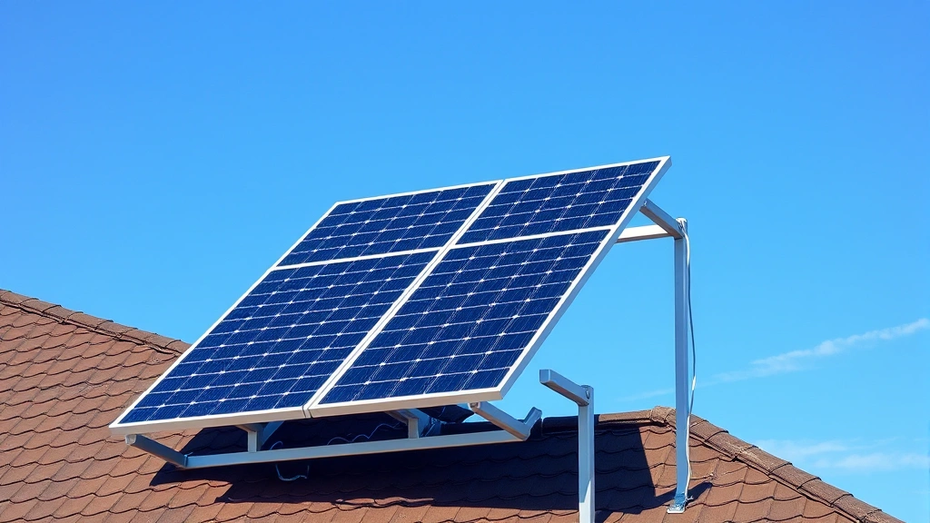 Professional solar panel installation on rooftop with blue sky background, showing photorealistic residential solar array mounted on metal racking system during daytime