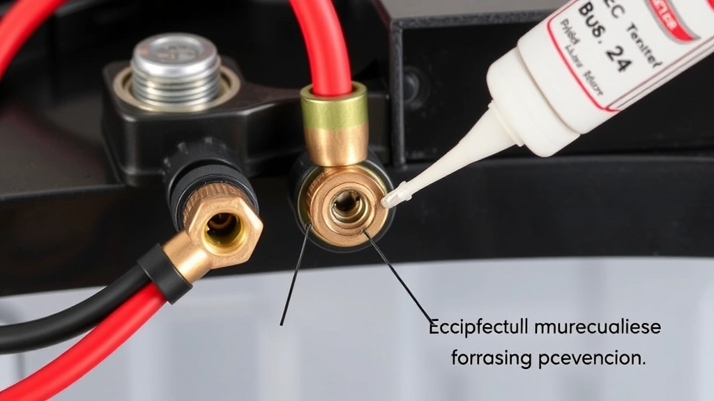 Close-up of battery bank terminals with copper connectors and red/black cables, showing proper crimped connections and dielectric grease application for corrosion prevention