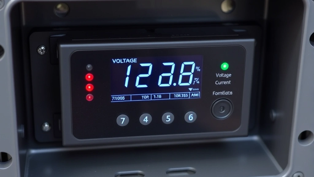 Digital charge controller display screen showing voltage and current readings with LED status indicators, mounted in weatherproof enclosure with proper ventilation openings
