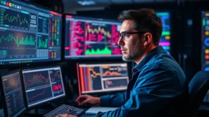 Professional cybersecurity analyst monitoring multiple computer screens displaying network traffic patterns and security dashboards in a modern data center environment, realistic lighting, focused expression