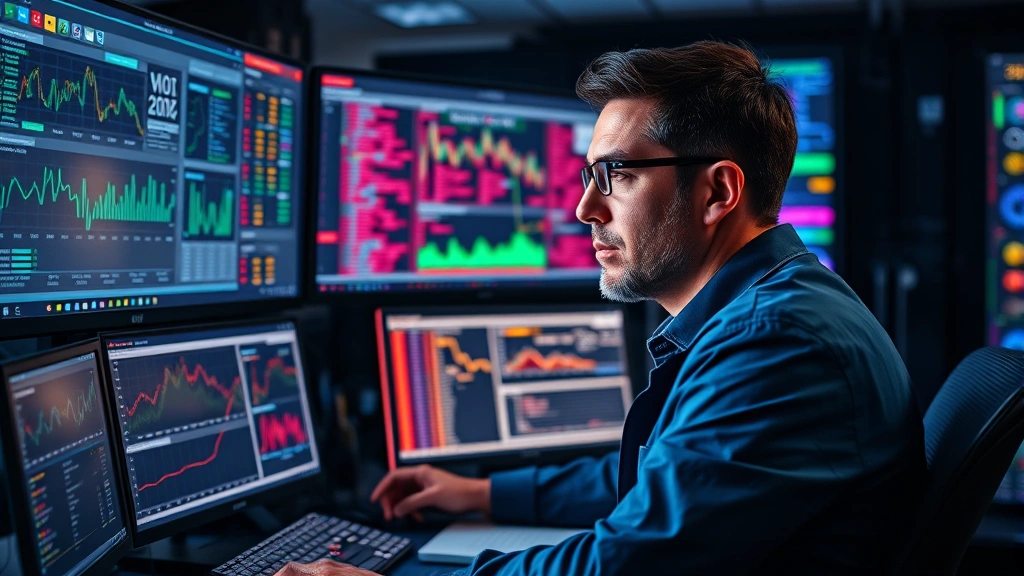 Professional cybersecurity analyst monitoring multiple computer screens displaying network traffic patterns and security dashboards in a modern data center environment, realistic lighting, focused expression