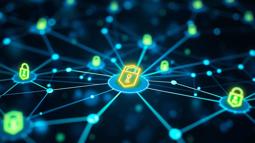 Interconnected network nodes and digital pathways showing data flow protection with glowing encryption symbols and shield icons, abstract cybersecurity visualization with blue and green lighting