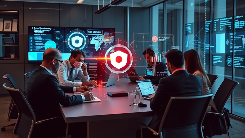 Team of security professionals collaborating around a conference table with holographic security displays showing threat intelligence data and defense mechanisms, modern corporate security operations center aesthetic