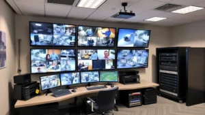 Professional security control room with multiple monitors displaying camera feeds, network equipment, and recording systems in a modern facility with proper cable management and organized hardware racks