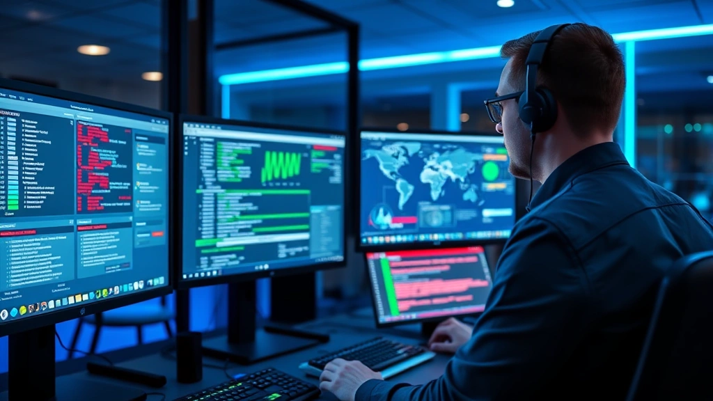 Cybersecurity professional monitoring multiple screens displaying network traffic analysis and threat detection alerts in modern security operations center with blue ambient lighting