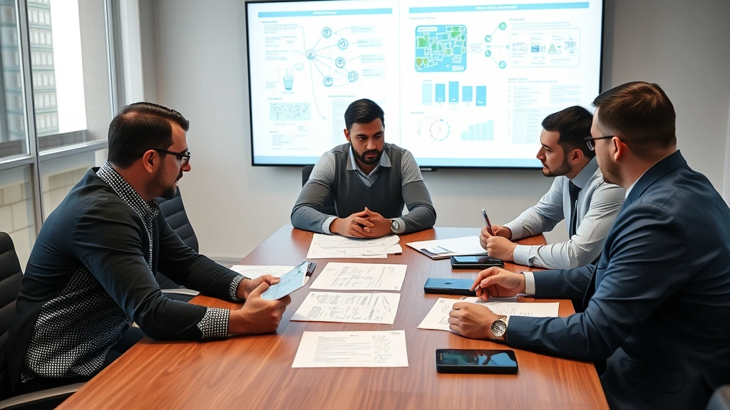 Team of security professionals collaborating in conference room reviewing security incident response procedures with network diagrams and threat assessment documents visible