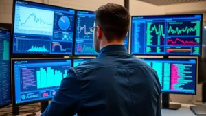 Professional cybersecurity analyst monitoring multiple security dashboard screens showing real-time threat detection, network traffic analysis, and authentication logs in a modern security operations center with blue and green data visualizations