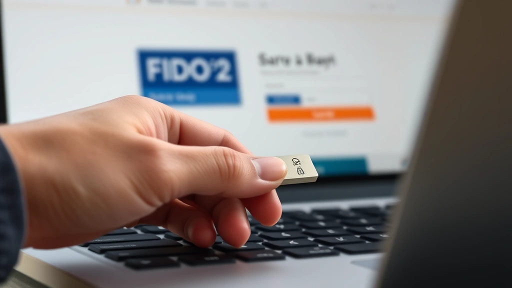 Close-up of a person's hand using a FIDO2 hardware security key inserted into a laptop USB port during online banking login, showing secure authentication in progress with banking website on screen