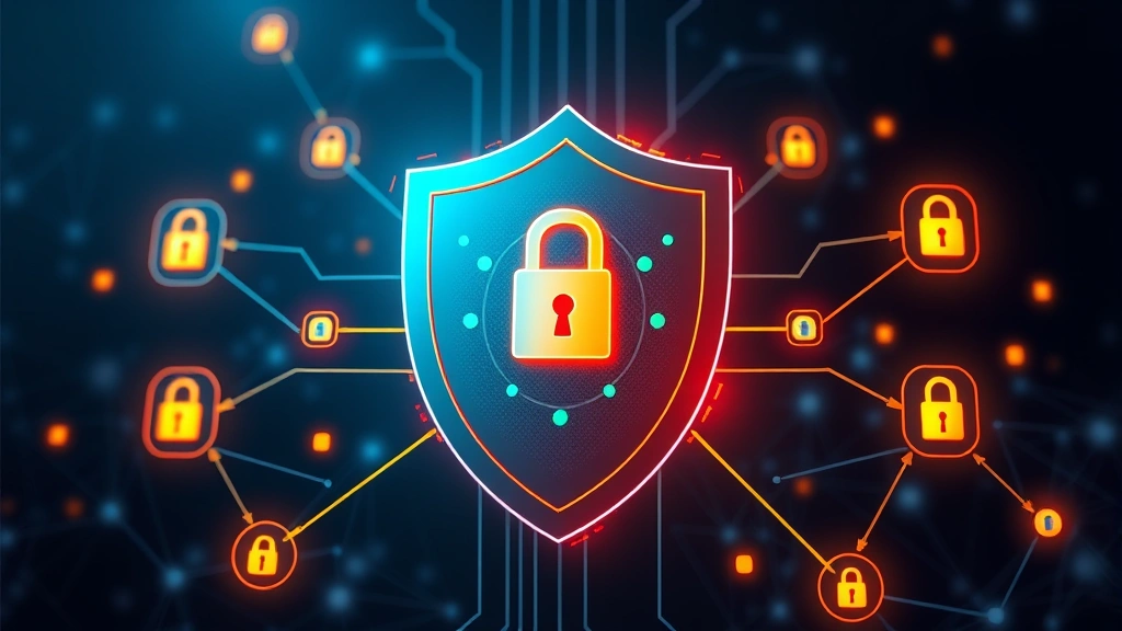 Digital illustration of a shield protecting interconnected banking nodes and transactions, representing multi-layered encryption and data protection with glowing lock symbols and secure connections