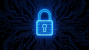 Digital security padlock glowing blue on dark background with circuit patterns, representing bank data encryption and protection