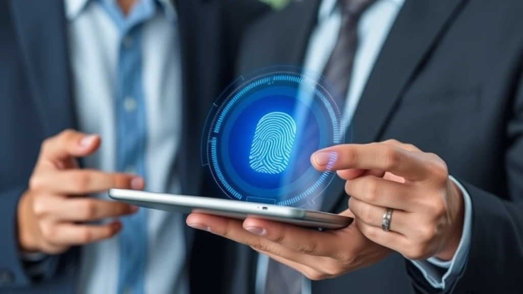 Professional businessman using tablet with biometric fingerprint authentication, secure banking interface visible on screen