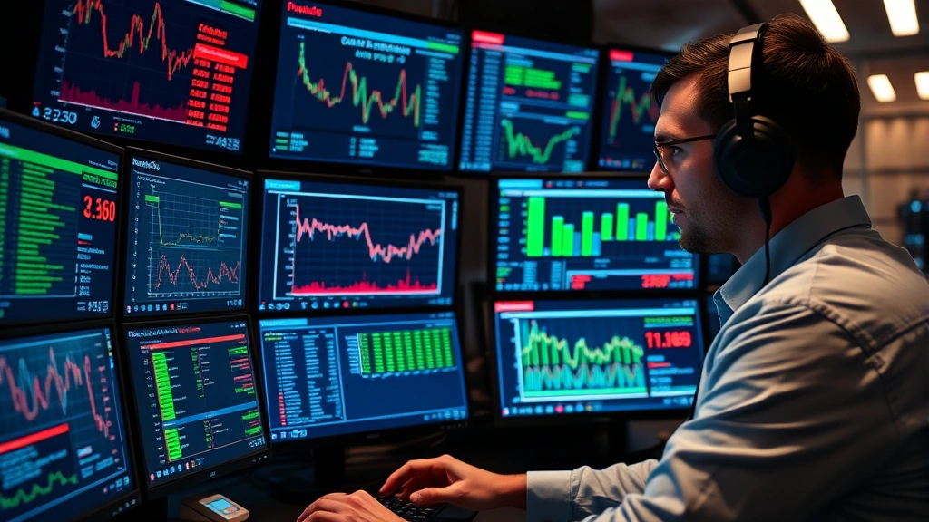 Professional cybersecurity analyst monitoring financial data on multiple screens in a secure banking operations center, displaying network activity and transaction monitoring systems without visible code or text