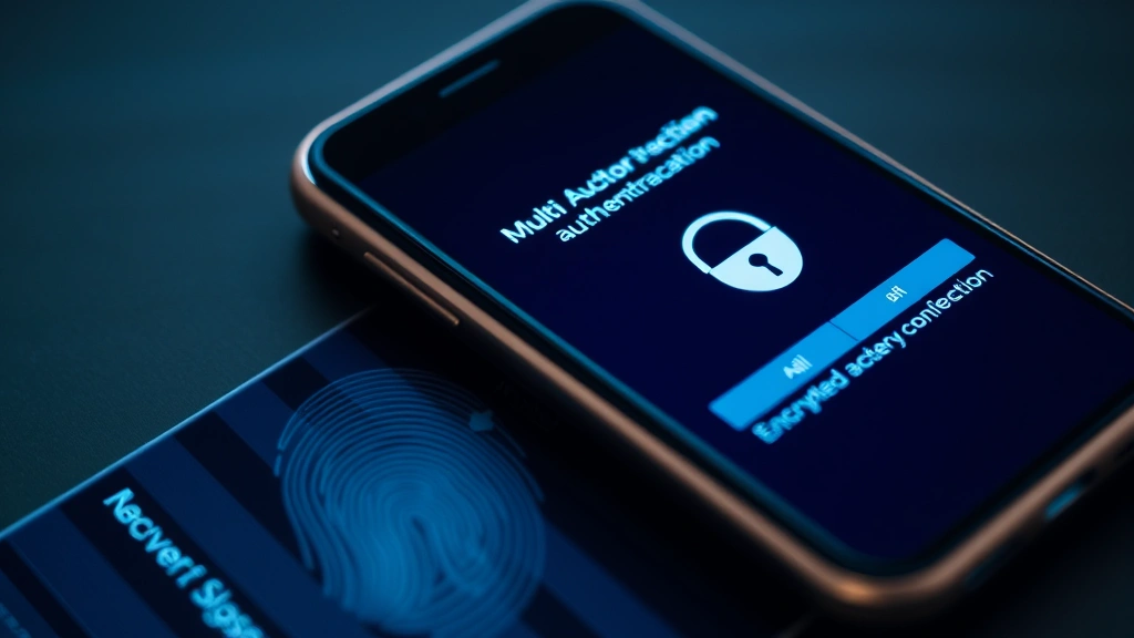 Close-up of a secure authentication device and smartphone displaying multi-factor authentication process, showing security elements like biometric scanning and encrypted connection indicators