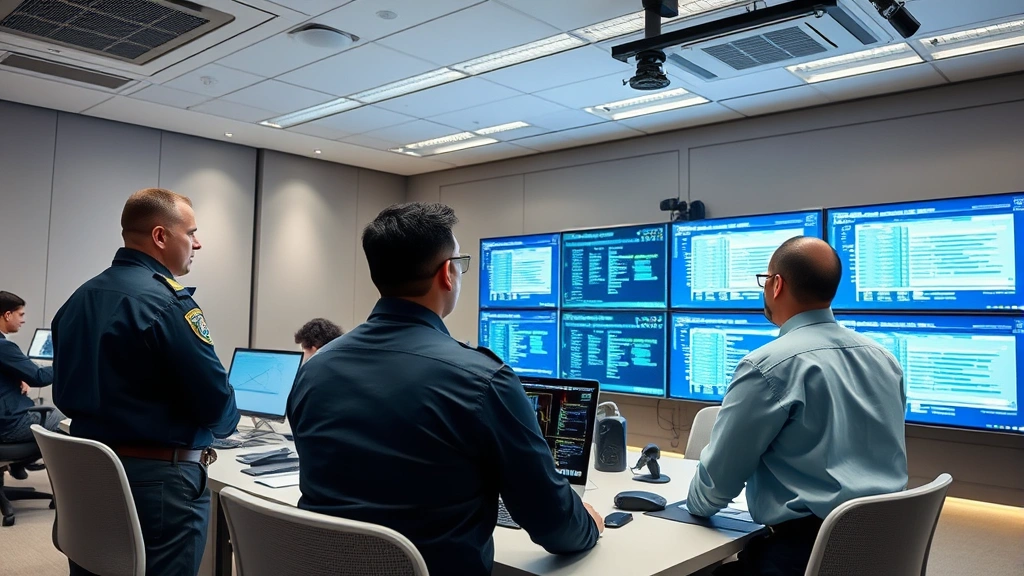 Bank security team conducting incident response meeting in operations center with security professionals reviewing system alerts and protection measures on large display panels without visible sensitive data