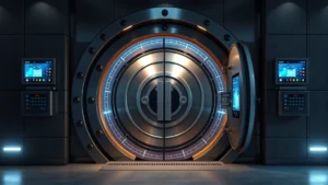 Photorealistic image of a secure bank vault entrance with modern biometric security systems and digital displays, emphasizing physical and digital security layers protecting financial assets