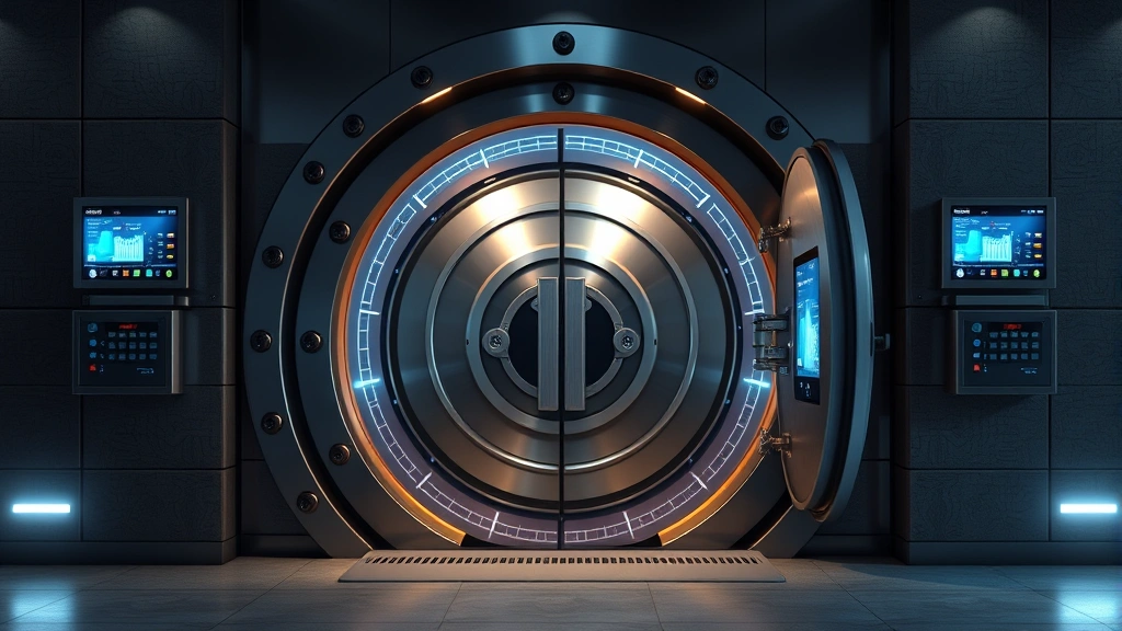 Photorealistic image of a secure bank vault entrance with modern biometric security systems and digital displays, emphasizing physical and digital security layers protecting financial assets