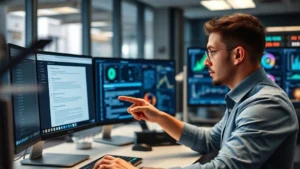 Professional cybersecurity analyst examining suspicious email on computer screen in modern office environment with multiple monitors displaying security dashboards and threat analysis data