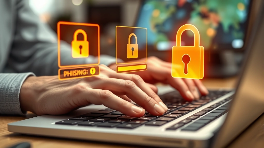 Close-up of hands typing on keyboard with holographic phishing warning indicators and security lock symbols floating above the desk in a contemporary tech workspace
