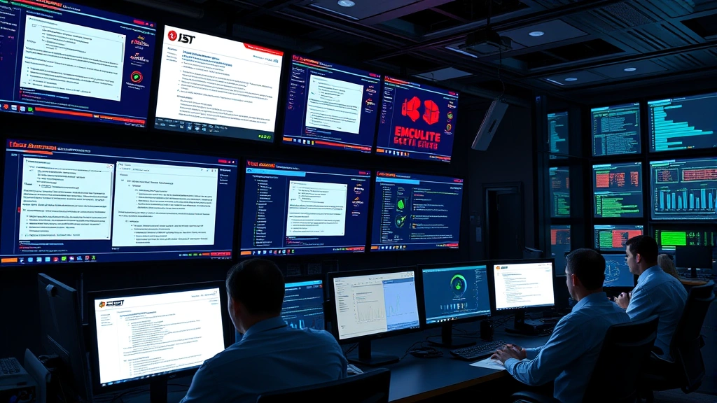 Network security operations center with multiple screens showing email threats, malware detection alerts, and real-time security monitoring with team members analyzing cyber threats